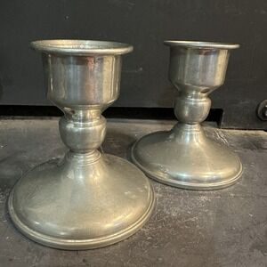 Vintage REVERE PEWTER Pair Short Heavy 4" Candlestick Holders Rustic Farmhouse‎